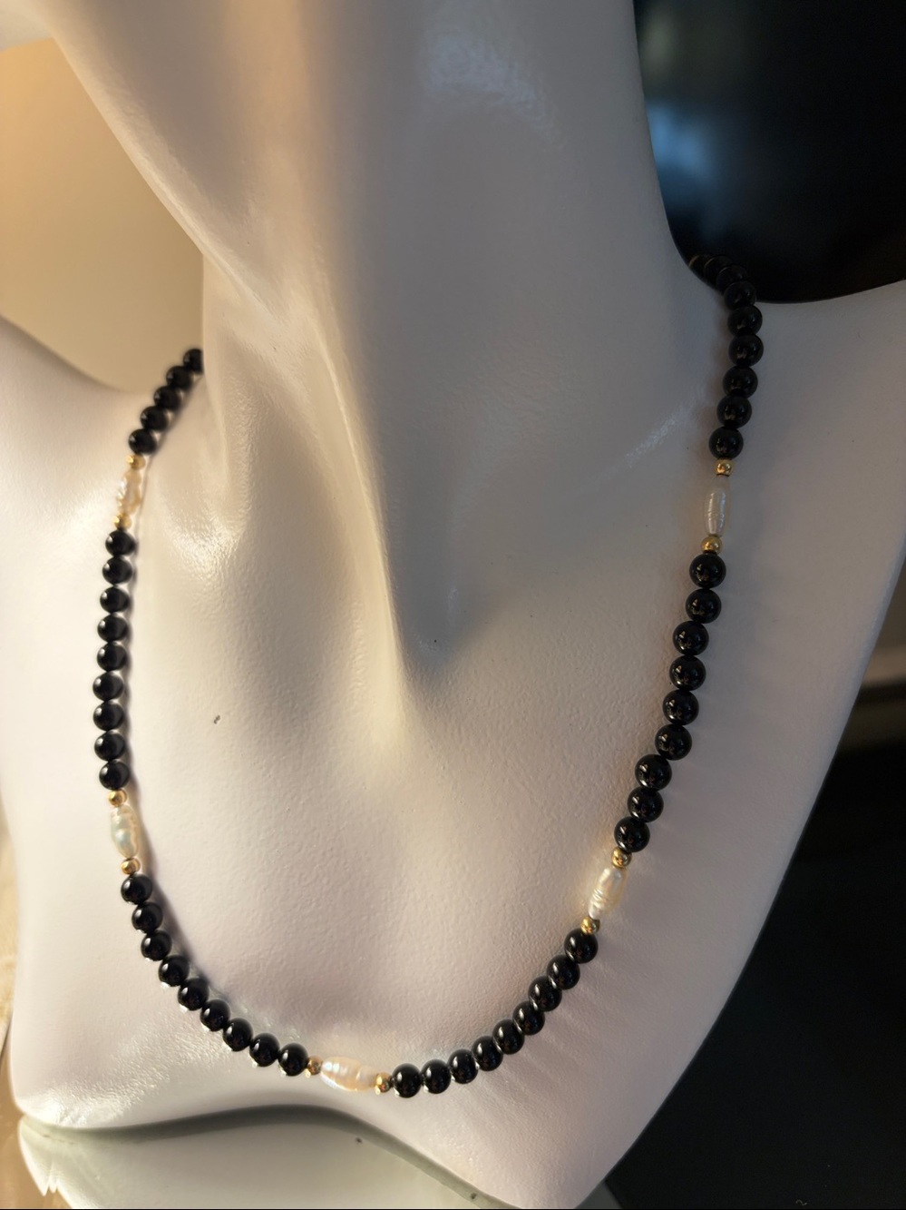 14k Black Onyx Bead Necklace 16”: 6 Baroque Pearls, 12 14k beads, 14k Gold Clasp